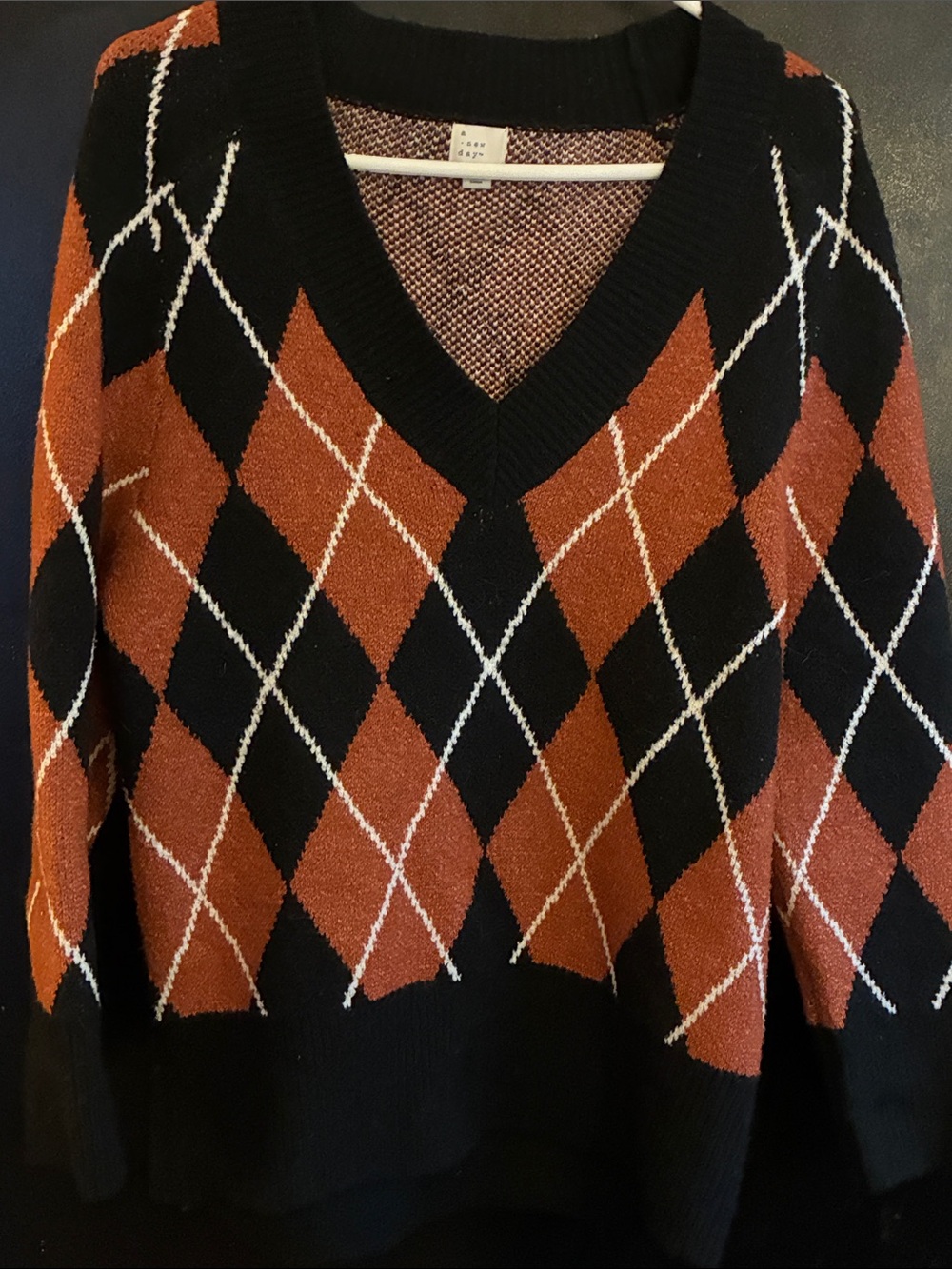 a new day Black and Rust Argyle V-Neck Sweater